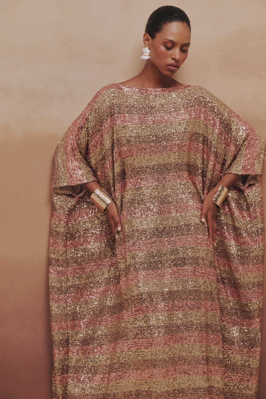 STRIPED SEQUIN KAFTAN WITH INNER BELT PINK/GOLD – Dima Ayad