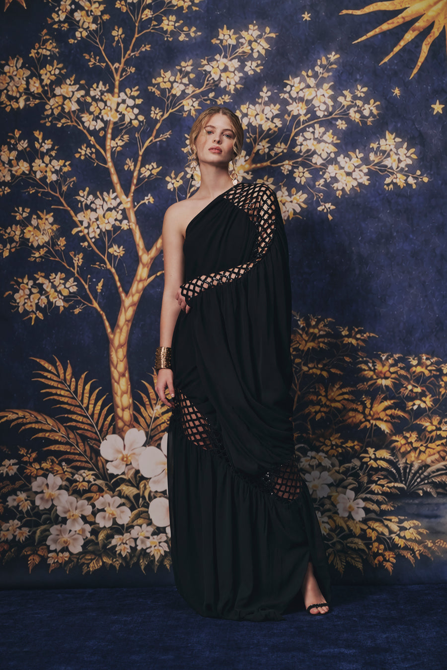 ONE SHOULDER SEQUIN CAGED DETAIL DRESS