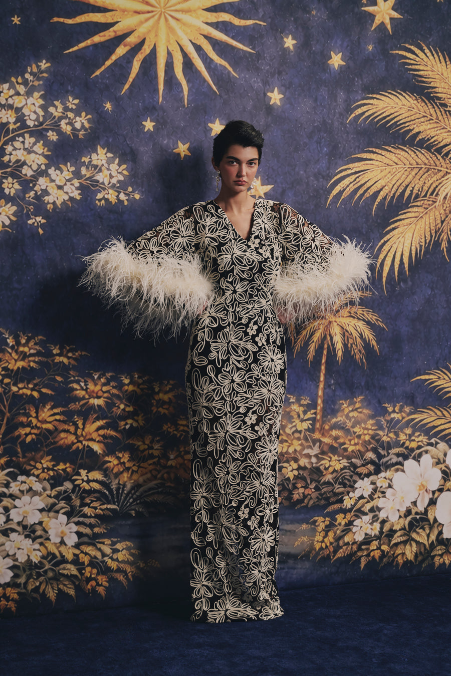 feather embroidered dress FEATHER TRIM EMBROIDERED ANKLE LENGTH DRESS
