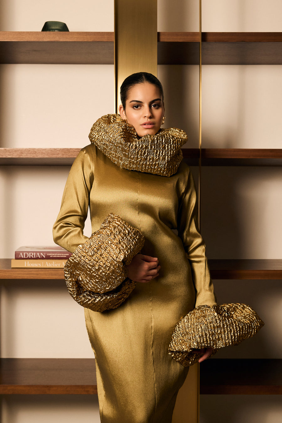 Gold Full Sleeve Fitted Dress With Bubble Neck and Sleeves