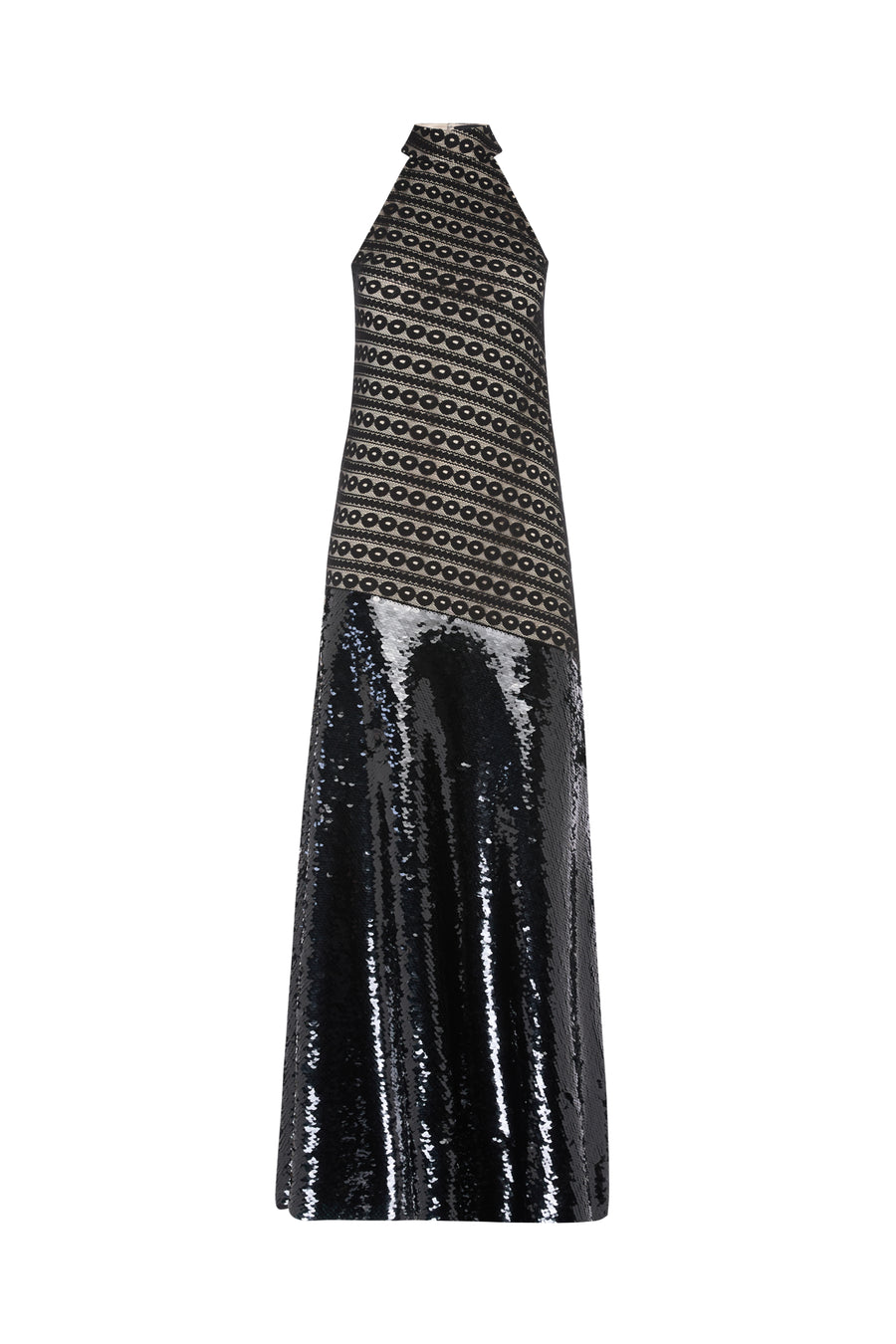 LACE HALTERNECK DRESS WITH SEQUIN BOTTOM