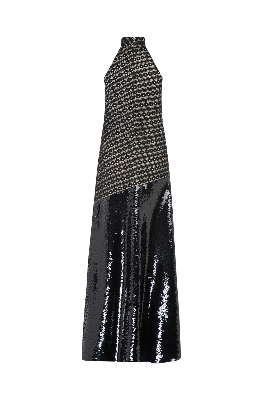 LACE HALTERNECK DRESS WITH SEQUIN BOTTOM