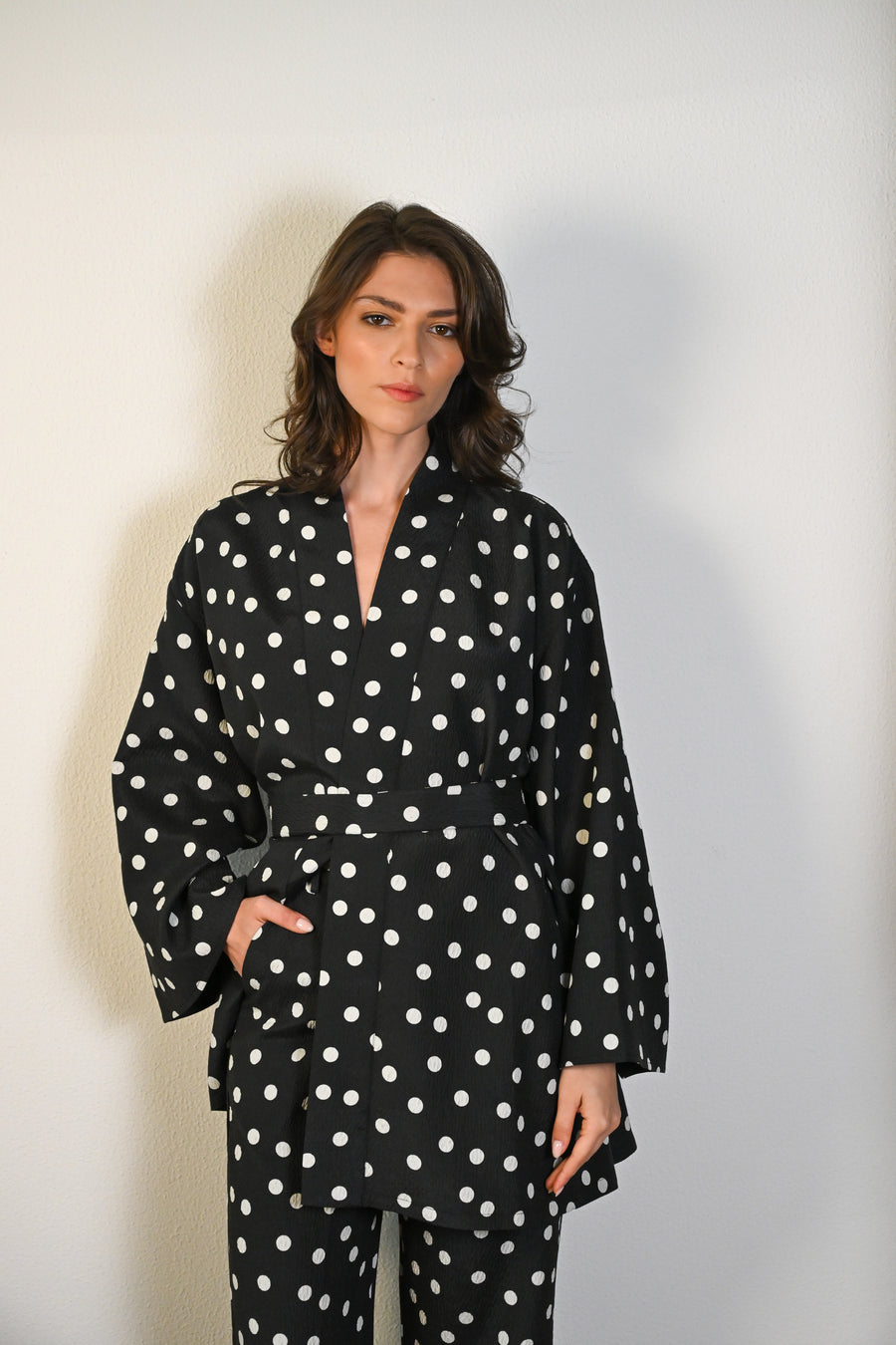 Polka-dot Print Belted Kimono