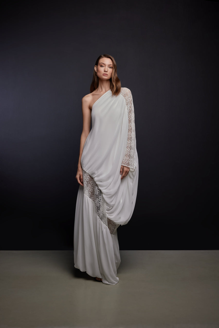 WHITE LACE AND GEORGETTE ONE SHOULDER DRESS