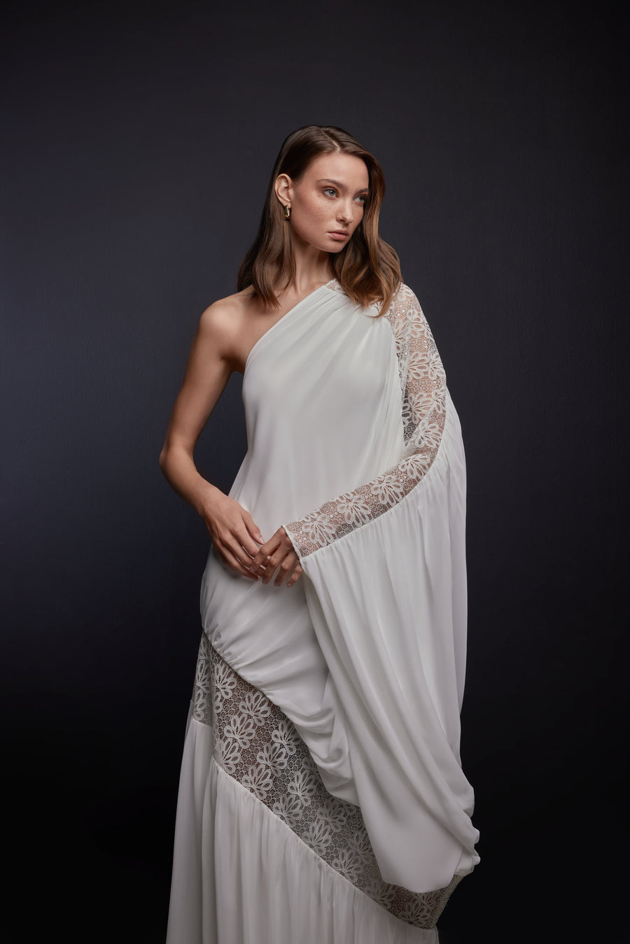 WHITE LACE AND GEORGETTE ONE SHOULDER DRESS