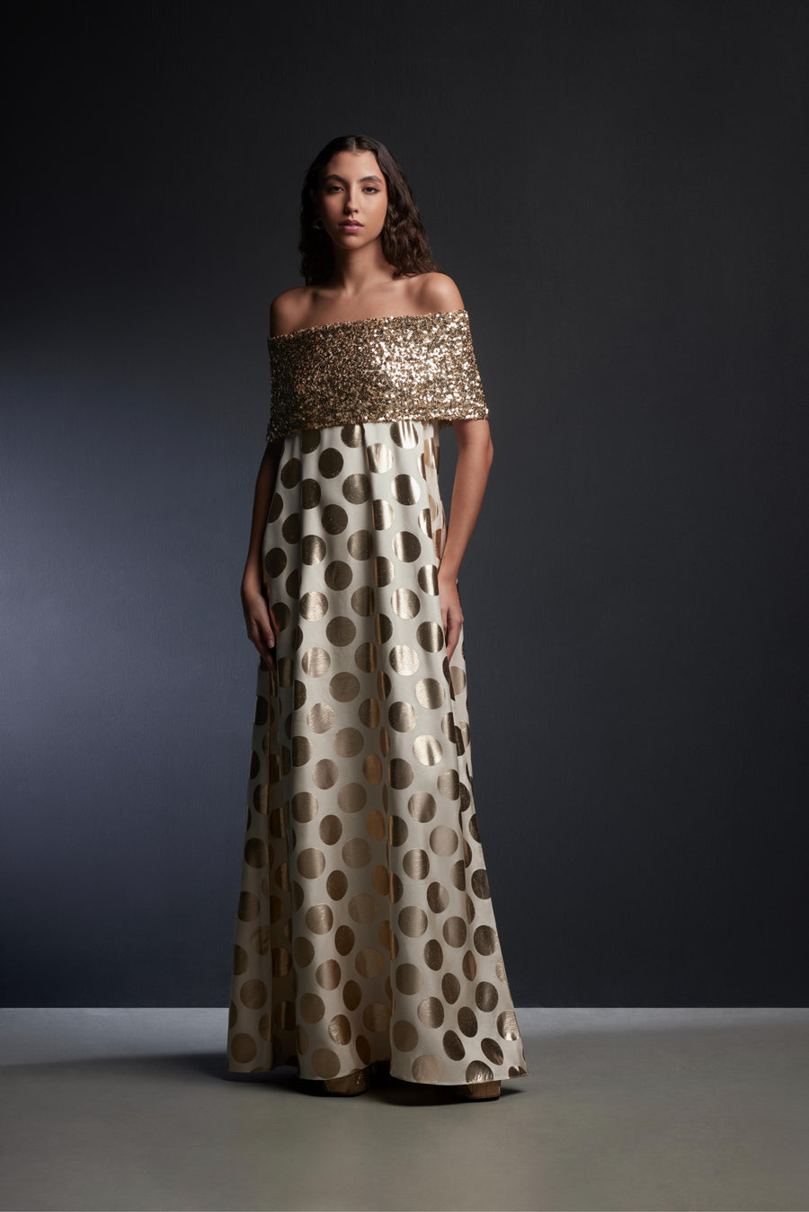 OFF SHOULDER SEQUIN METALLIC POLKA DOT DRESS Dima Ayad OFF SHOULDER SEQUIN METALLIC POLKA DOT DRESS Dima Ayad