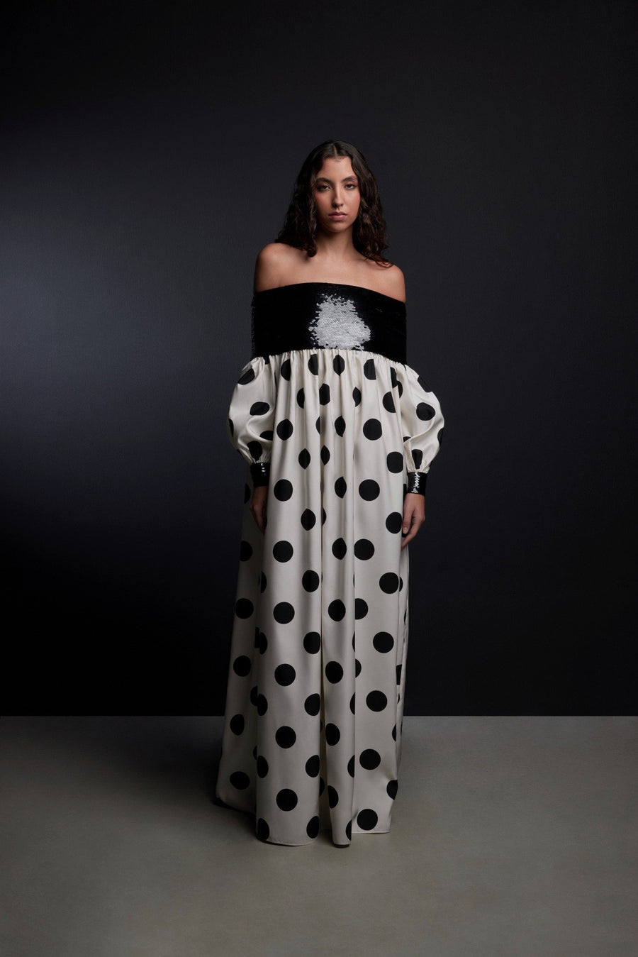 black polka dot off the shoulder dress Polka Dot Off Shoulder Drop Waist Dress in Black