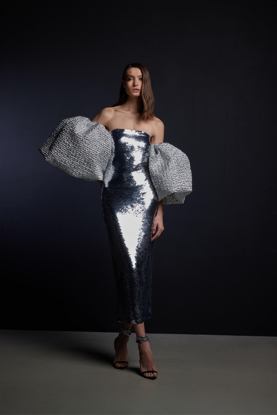 SEQUIN STRAPLESS DRESS WITH BUBBLE SLEEVES