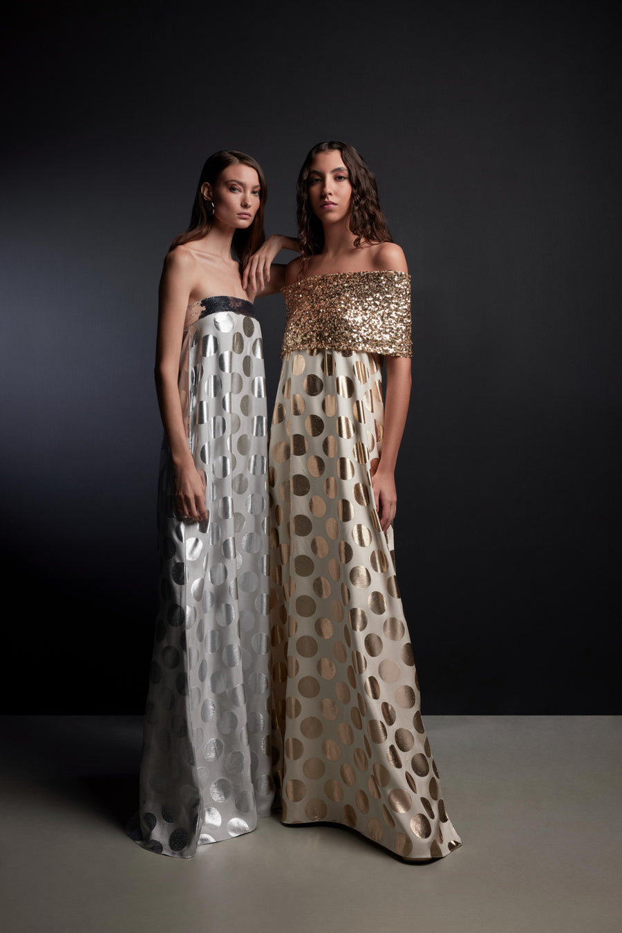 STRAPLESS SEQUIN METALLIC POLKA DOT DRESS
