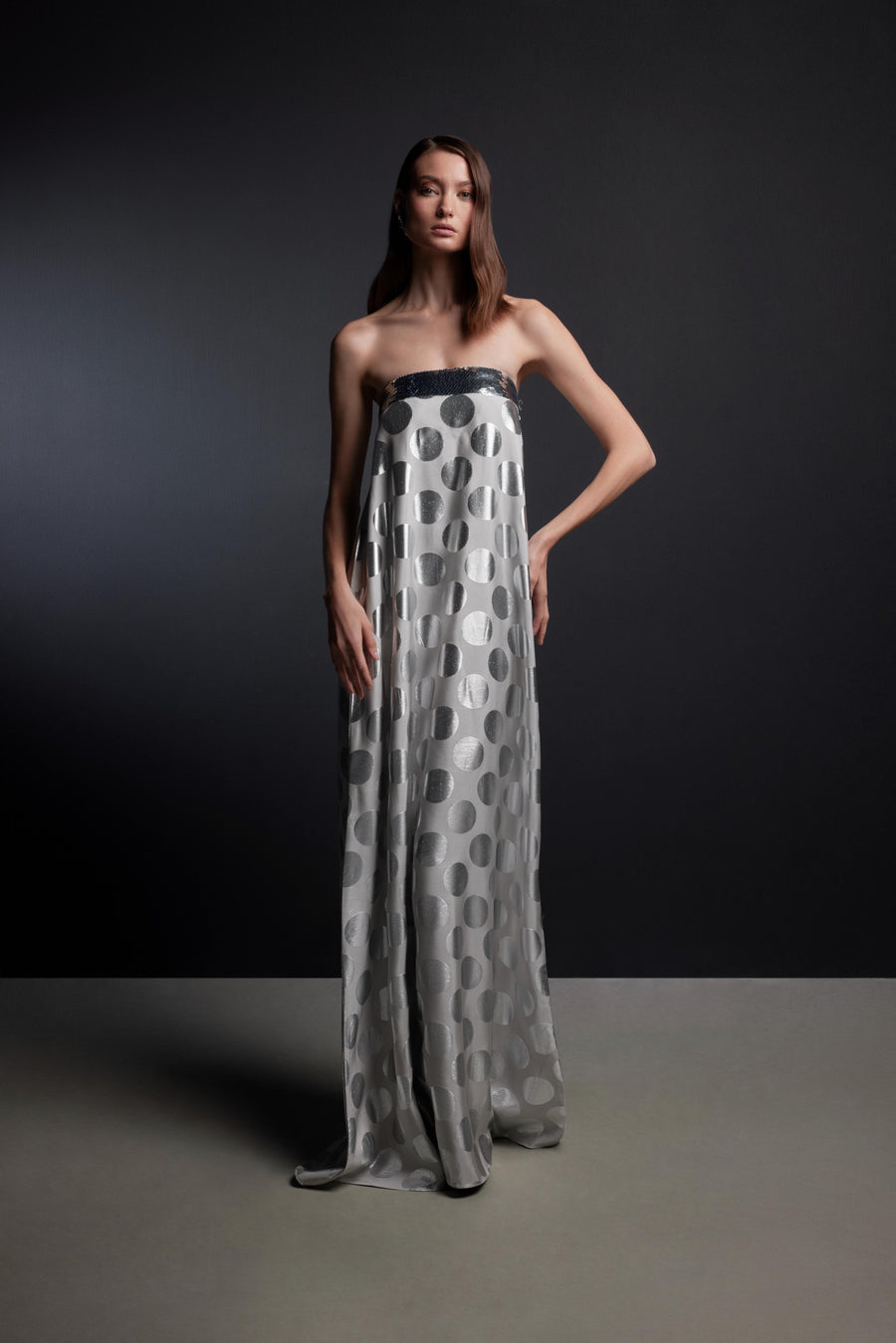 STRAPLESS SEQUIN METALLIC POLKA DOT DRESS