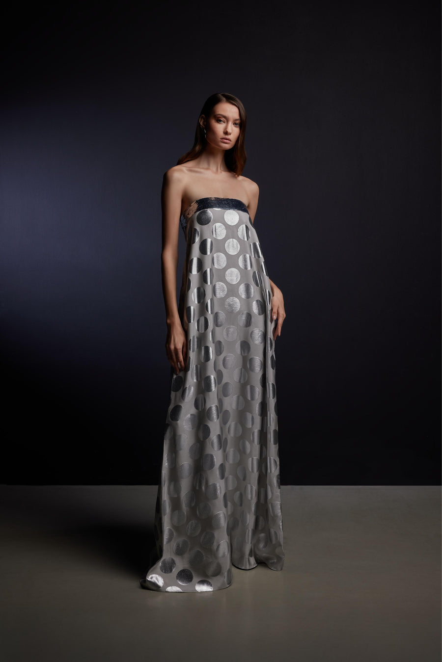 STRAPLESS SEQUIN METALLIC POLKA DOT DRESS