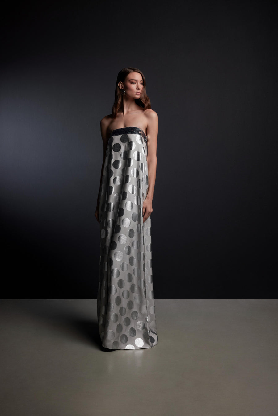 STRAPLESS SEQUIN METALLIC POLKA DOT DRESS