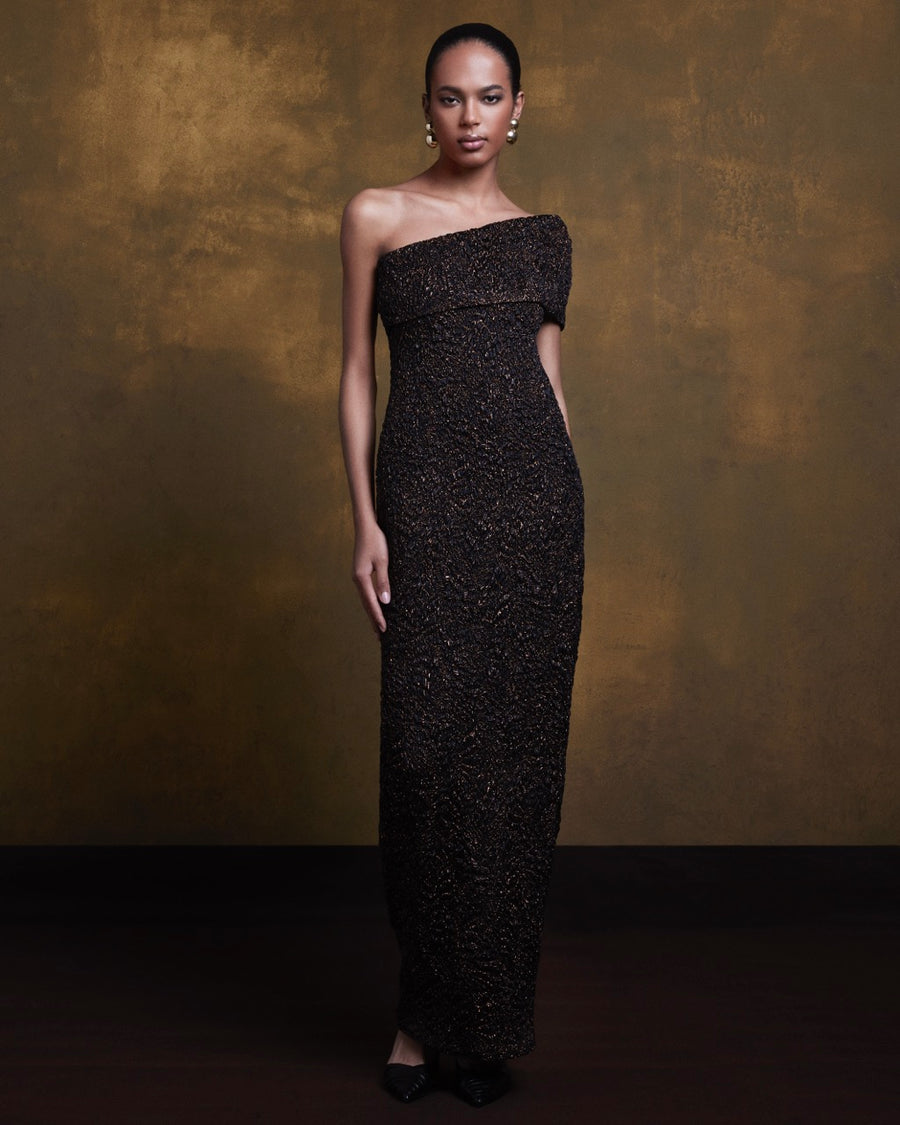 METALLIC ONE SHOULDER FITTED DRESS