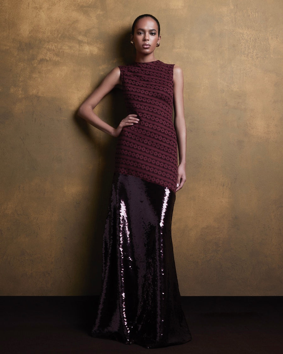 LACE SLEEVELESS DRESS WITH SEQUIN BOTTOM