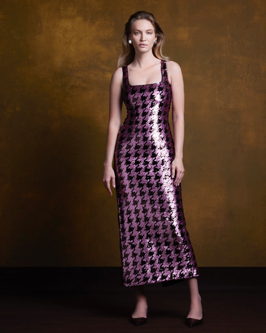 HOUNDSTOOTH  SQUARE NECK SEQUIN DRESS
