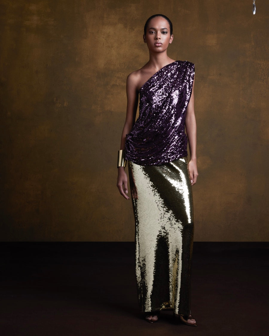 ONE SHOULDER GATHERED SEQUIN TOP