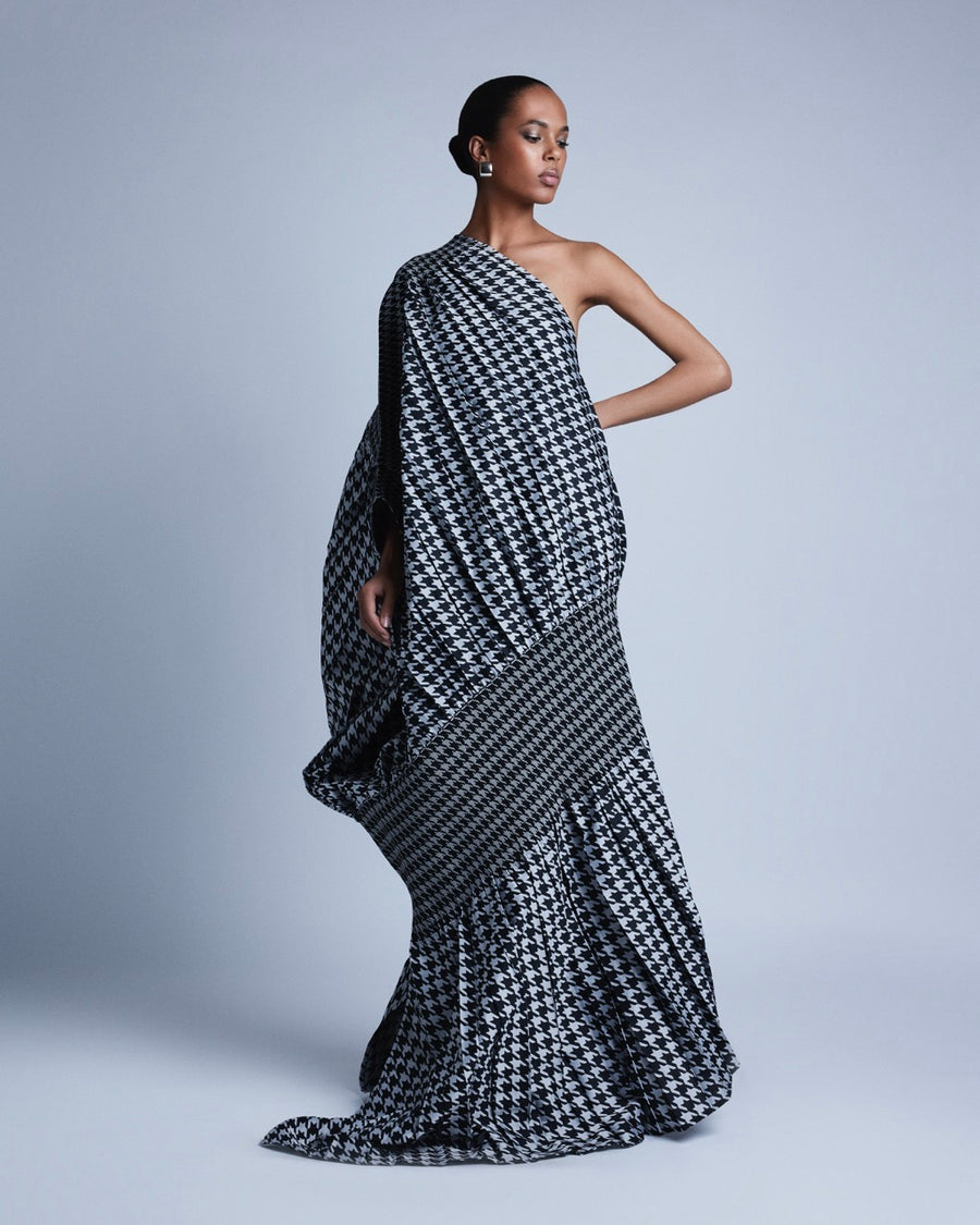 ONE SHOULDER HOUNDSTOOTH DRESS