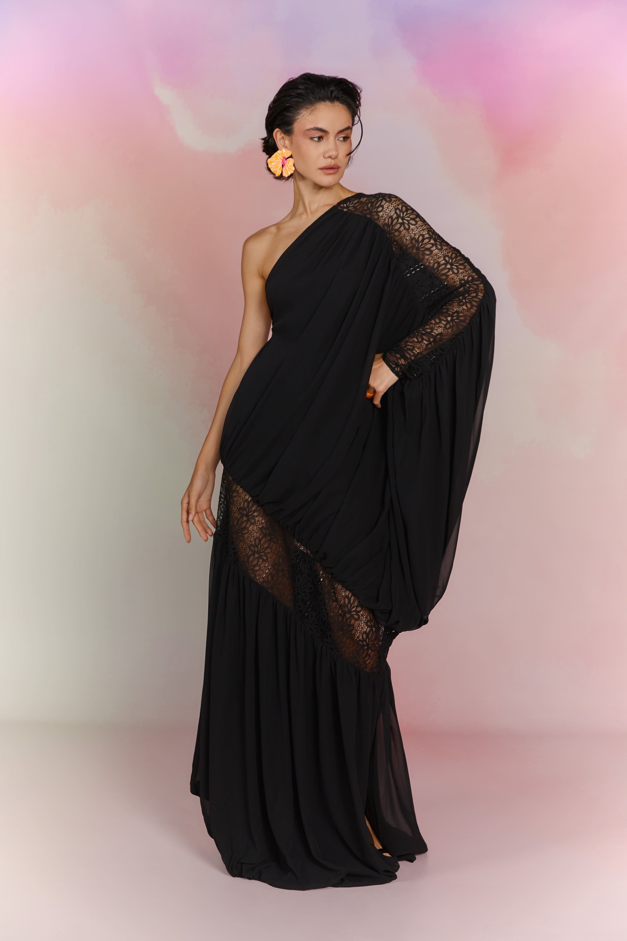 LACE AND GEORGETTE ONE SHOULDER DRESS