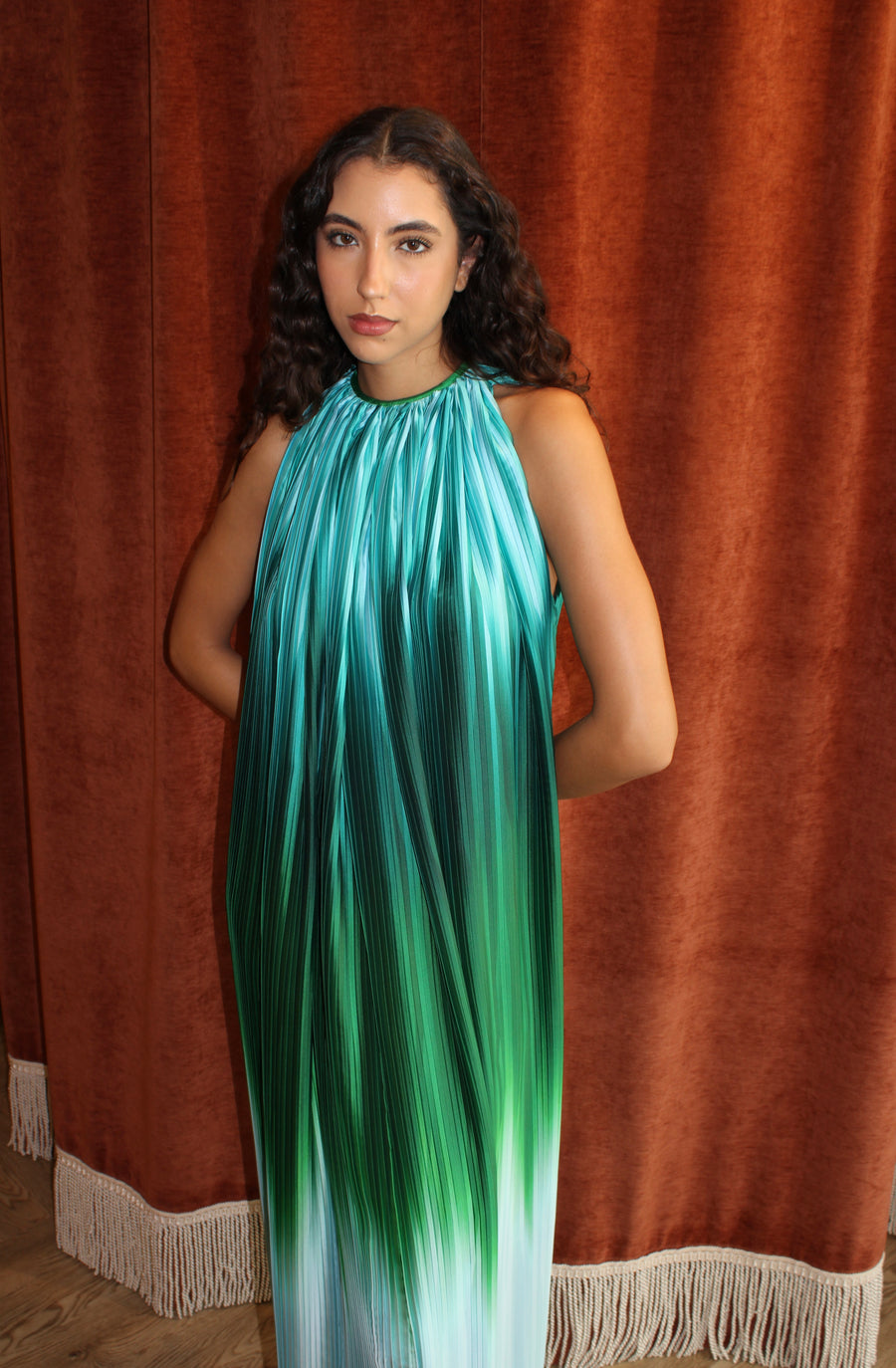 green pleated halter dress Sleeveless Pleated Halter Midi Dress
