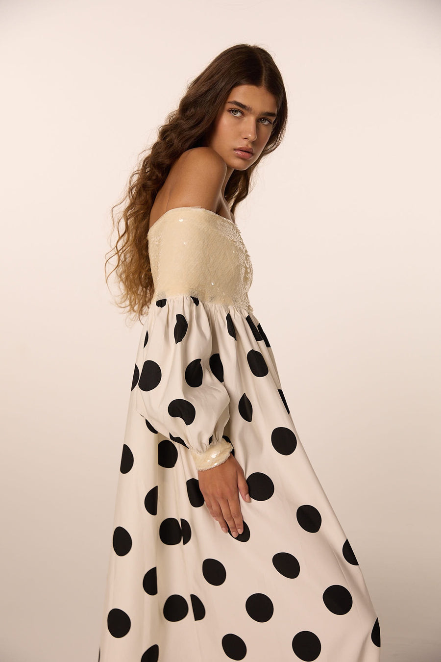 off the shoulder polka dot midi dress Black Polka Dot Midi Dress Off Shoulder Pleated