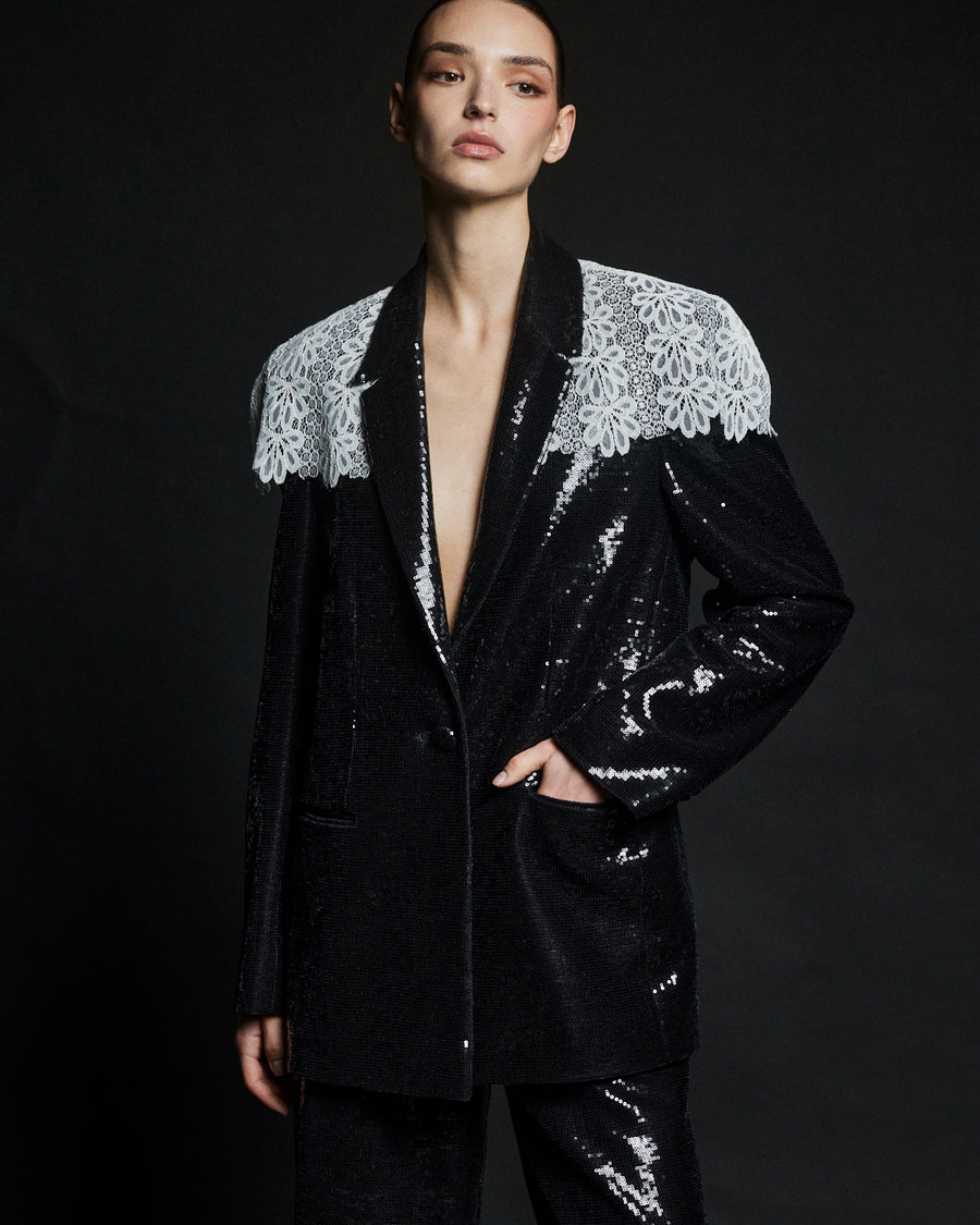 TWEED LINEN SEQUIN BLAZER WITH LACE