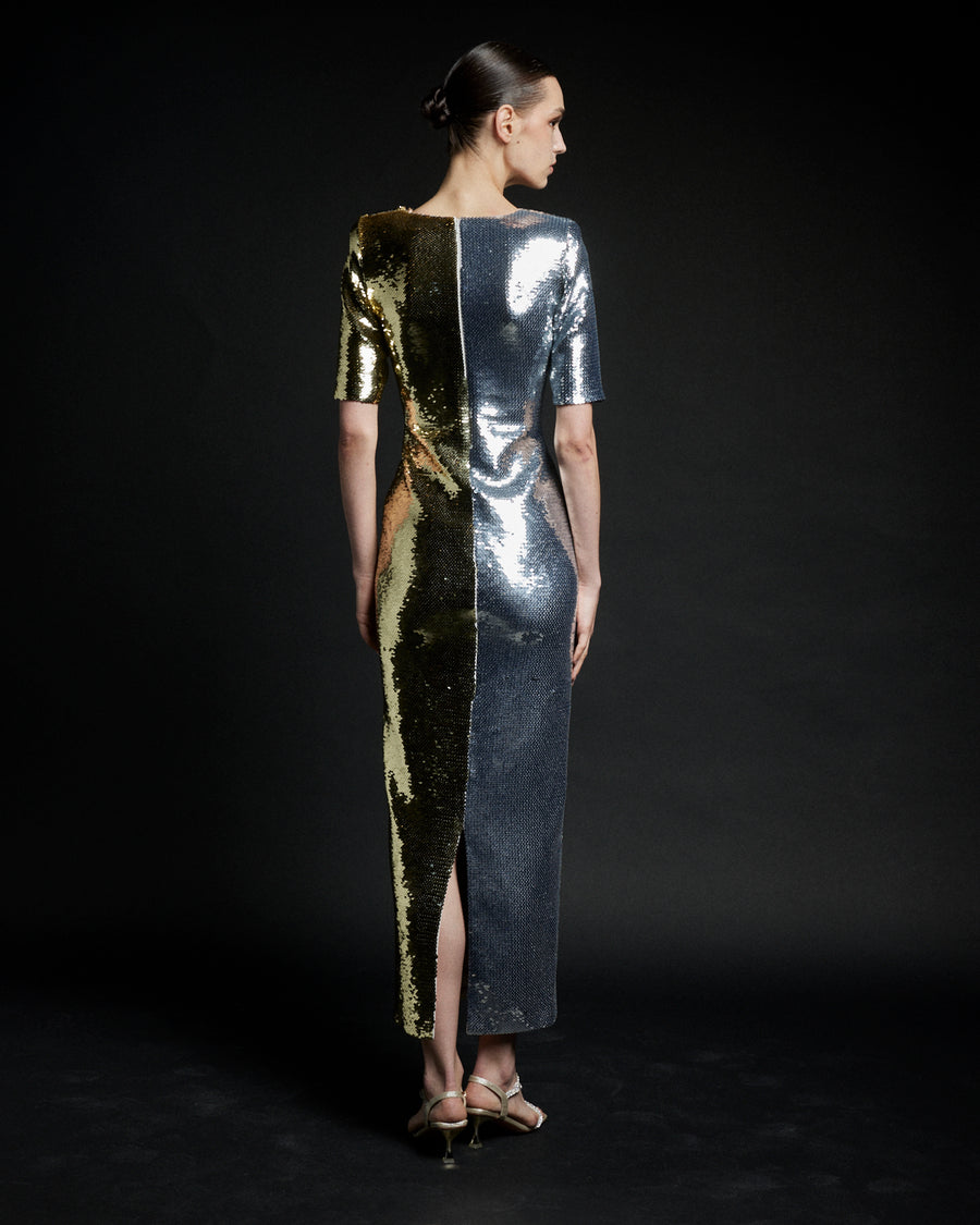 TWO TONE SEQUIN DRESS WITH CRYSTALS