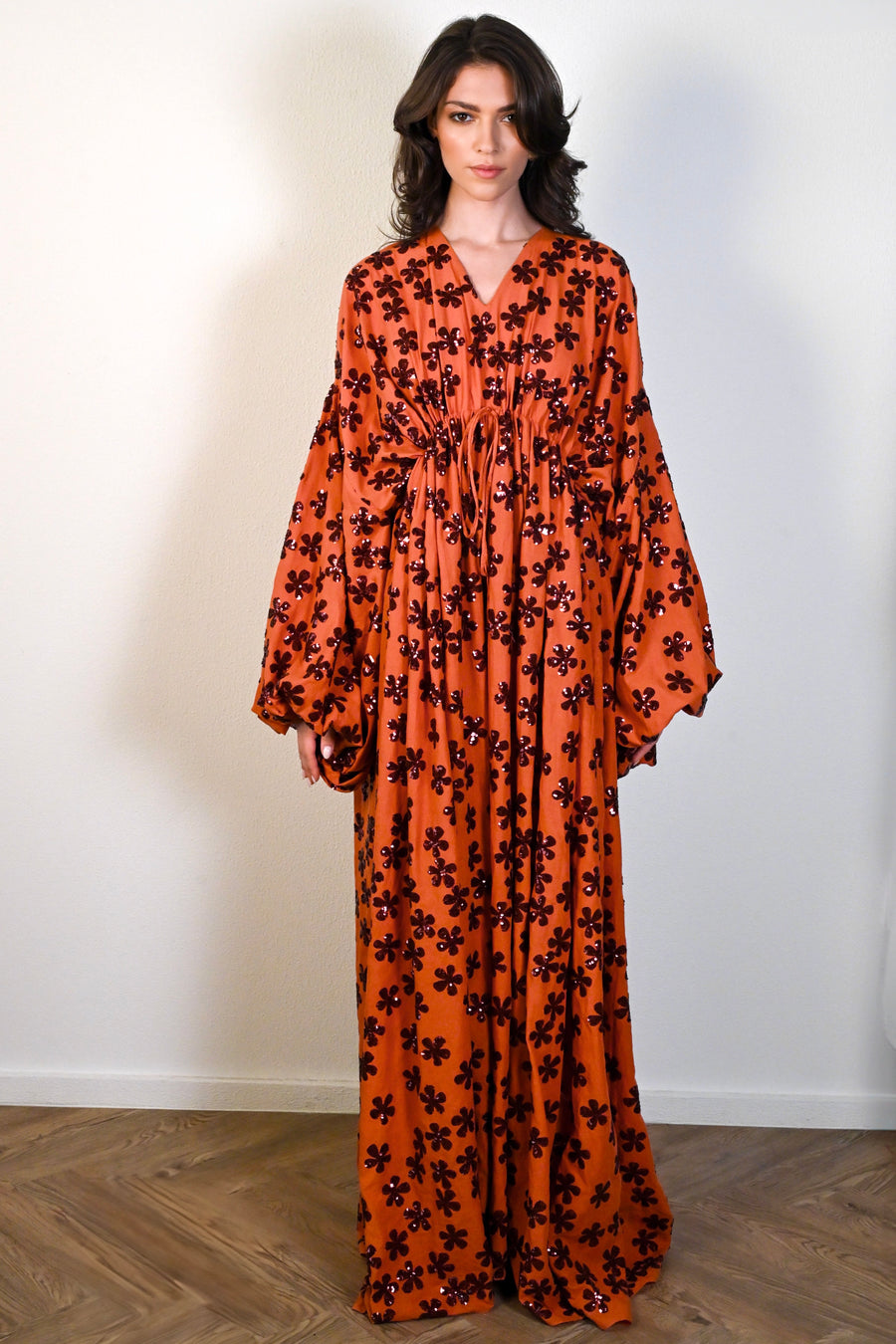 ORANGE FLORAL V NECK SEQUINS GATHERED DRESS