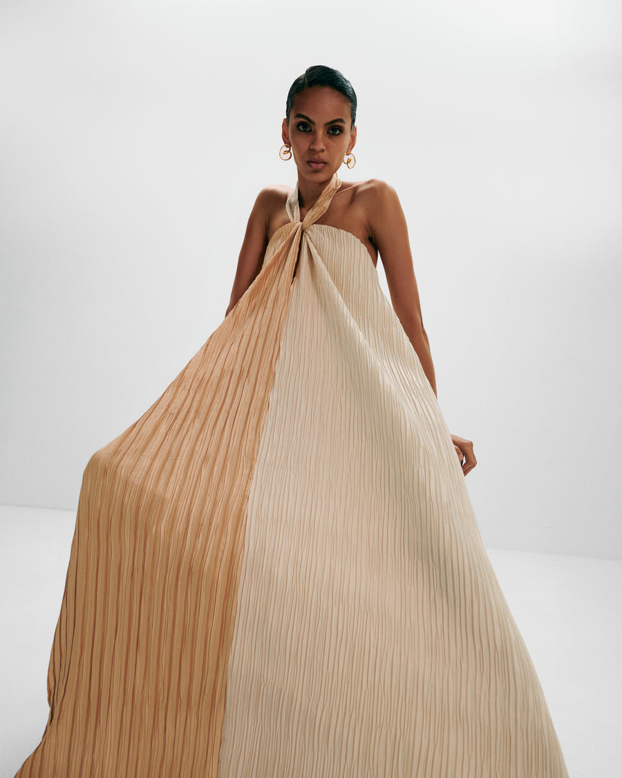 Pleated Half and Half Halterneck Dress