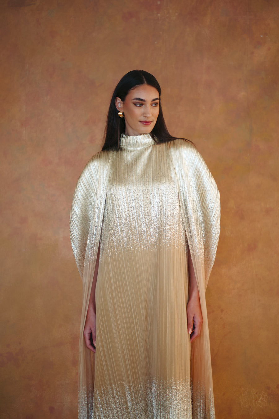 Pleated Metallic Full Cape and Dress Set