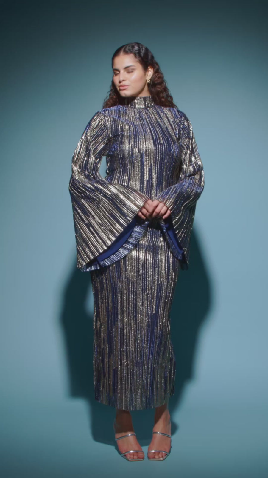 Metallic Long Sleeve Dress Blue