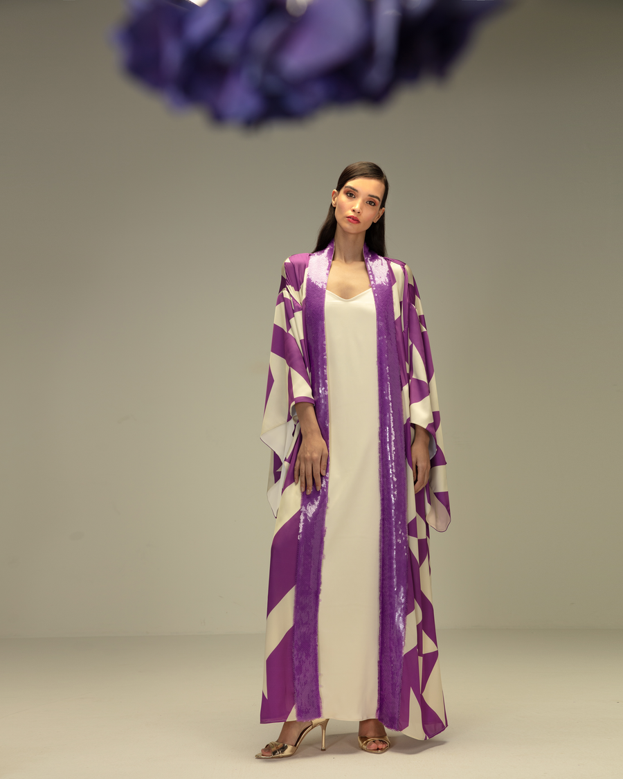 Printed Sequin Open Kimono and Dress Set