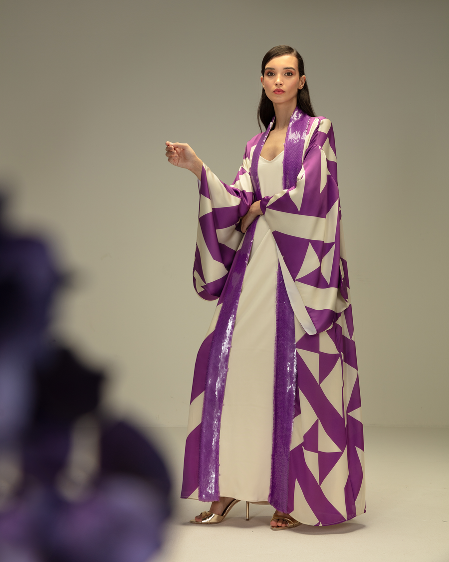 Printed Sequin Open Kimono and Dress Set