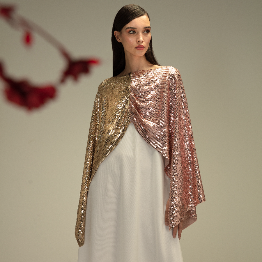 Two Tone Sequin Cape Dress